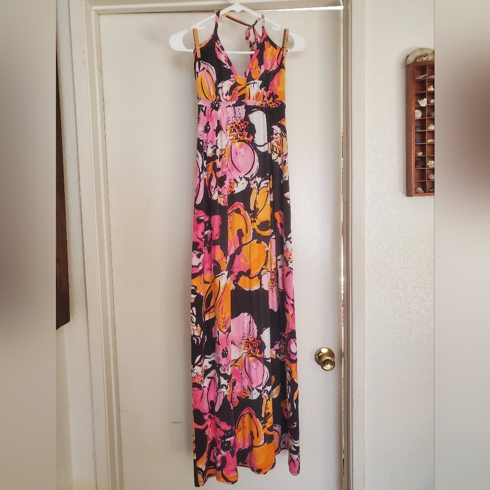 Express Floral Halter Maxi Dress in Black, Pink & Yellow